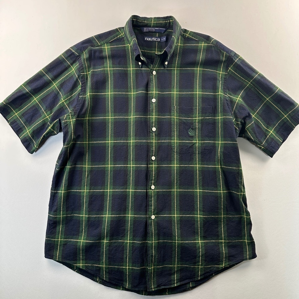 Vintage‎ Nautica Men's Plaid Seersucker Short Sleeve Button Down Shirt 90s Large